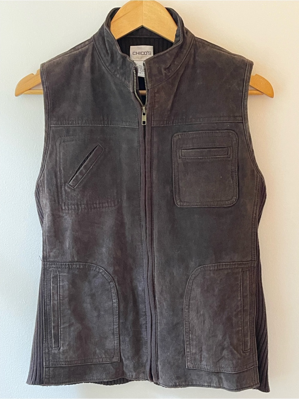 Chico’s Genuine Leather Rib Knit Utility Vest Brown Size 1 M